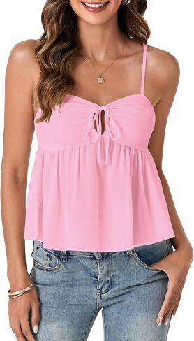 LYANER Women's Spaghetti Strap Sweetheart Neck Cami Crop Tops Tie Front Camisole Sleeveless Peplum Top in Saudi Arabia