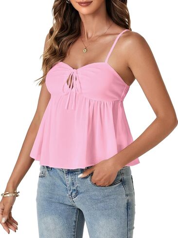 LYANER Women's Spaghetti Strap Sweetheart Neck Cami Crop Tops Tie Front Camisole Sleeveless Peplum Top in Saudi Arabia