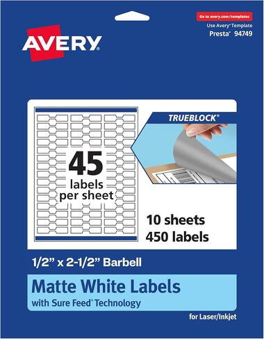 Avery TrueBlock Matte White Barbell Labels ، Feed Sure ، 0.5 "× 2.5" ، 450 ملصقات ، ليزر/نفث الحبر ، رائع لمجوهرات وعلامات المنتج in Kuwait