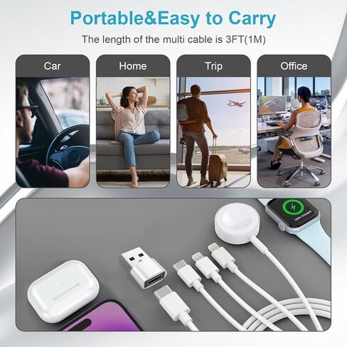 4 in 2 Multi Charging Cable for Apple Watch Charger Cable, Wireless Apple Watch Charger USB C iWatch Charger Fast Charging with USB C/Lightning/Micro Cord for Apple Watch Ultra/SE/9/8/7/6,iPhone 15/14 in Kuwait