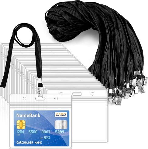 30Pcs Lanyards for Id Badges and 30 Pcs Clear Plastic Horizontal Name Badge ID Card Holders, Neck Lanyards with Metal Clip Waterproof Resealable Name Tag Badge ID Card Holders, Black in Saudi Arabia