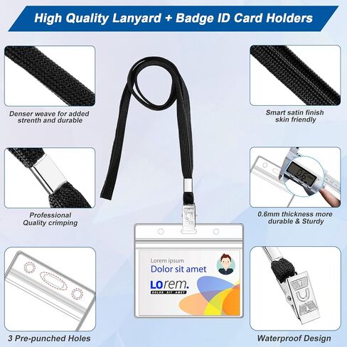30Pcs Lanyards for Id Badges and 30 Pcs Clear Plastic Horizontal Name Badge ID Card Holders, Neck Lanyards with Metal Clip Waterproof Resealable Name Tag Badge ID Card Holders, Black in Saudi Arabia