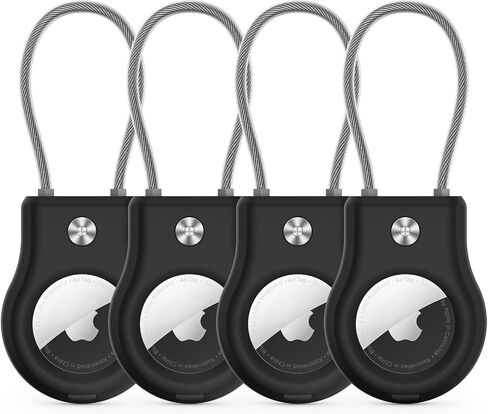 حامل سلسلة مفاتيح AirTag - (4 عبوات) حافظة قفل Airtag مع كابل سلكي متوافق مع Apple AirTags، حافظة واقية متينة للغاية ضد الضياع مع حلقة مفاتيح للأمتعة، والمفاتيح، وحقيبة الظهر، والحيوانات الأليفة، وحقيبة أسود/أزرق in Saudi Arabia