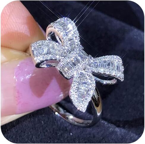 18k Platinum Plated Sterling Silver Shiny Cubic Zirconia Crystal Bow-Knot Engagement Wedding Ring (6) in Saudi Arabia