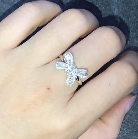 18k Platinum Plated Sterling Silver Shiny Cubic Zirconia Crystal Bow-Knot Engagement Wedding Ring (6) in Saudi Arabia