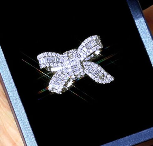 18k Platinum Plated Sterling Silver Shiny Cubic Zirconia Crystal Bow-Knot Engagement Wedding Ring (6) in Saudi Arabia