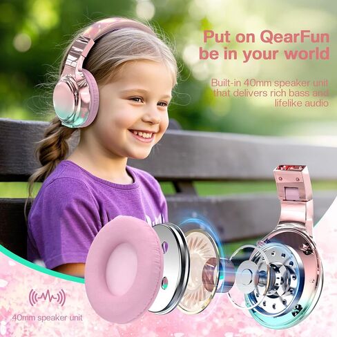 QearFun Kids Bluetooth Headphones, 60H Playtime, 74/85/94dB Volume Limit | For school, tablet, travel, kids wireless headphones feature HD mic, fast charging, foldable design, boys girls, wired mode in Kuwait