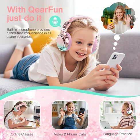 QearFun Kids Bluetooth Headphones, 60H Playtime, 74/85/94dB Volume Limit | For school, tablet, travel, kids wireless headphones feature HD mic, fast charging, foldable design, boys girls, wired mode in Kuwait