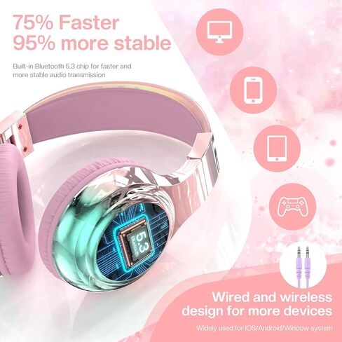 QearFun Kids Bluetooth Headphones, 60H Playtime, 74/85/94dB Volume Limit | For school, tablet, travel, kids wireless headphones feature HD mic, fast charging, foldable design, boys girls, wired mode in Kuwait
