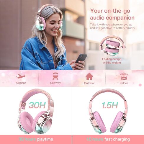 QearFun Kids Bluetooth Headphones, 60H Playtime, 74/85/94dB Volume Limit | For school, tablet, travel, kids wireless headphones feature HD mic, fast charging, foldable design, boys girls, wired mode in Kuwait