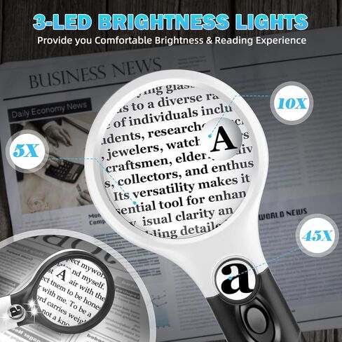 Compact Magnifying Glass with Lights,45X 10X 5X Small Handheld Lighted Magnifier, 3 LED Light Magnifying Glass for Reading Small Prints & Low Vision Seniors B&W in Saudi Arabia