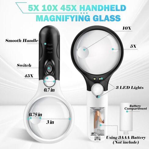 Compact Magnifying Glass with Lights,45X 10X 5X Small Handheld Lighted Magnifier, 3 LED Light Magnifying Glass for Reading Small Prints & Low Vision Seniors B&W in Saudi Arabia