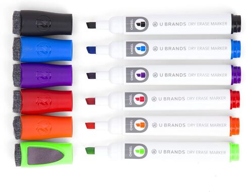 U Brands Low Odor Magnetic Dry Erase Markers With Erasers, Chisel Tip, 6-Count (Assorted Colors) & Magnetic Dry Erase Board Eraser, Felt Bottom Surface, 4.5 x 2.25 x 1 Inches - 581U04-16 in Saudi Arabia