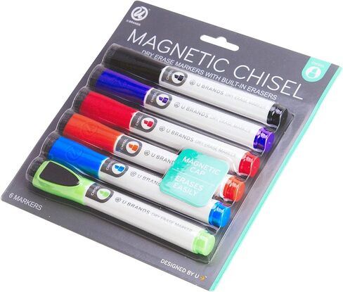 U Brands Low Odor Magnetic Dry Erase Markers With Erasers, Chisel Tip, 6-Count (Assorted Colors) & Magnetic Dry Erase Board Eraser, Felt Bottom Surface, 4.5 x 2.25 x 1 Inches - 581U04-16 in Saudi Arabia
