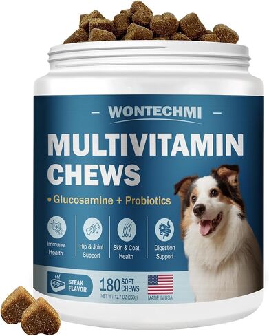 Dog Multivitamin, Glucosamine Chondroitin for Dogs, Krill Oil, Probiotics, Dog Vitamins and Supplements for Immune Health, Heart, Digestion Hip & Joints, Skin, Coat (180 Chews, Steak) in Saudi Arabia