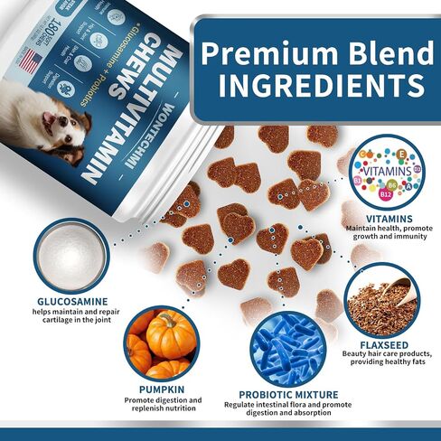 Dog Multivitamin, Glucosamine Chondroitin for Dogs, Krill Oil, Probiotics, Dog Vitamins and Supplements for Immune Health, Heart, Digestion Hip & Joints, Skin, Coat (180 Chews, Steak) in Saudi Arabia