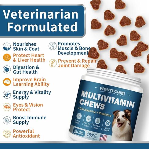 Dog Multivitamin, Glucosamine Chondroitin for Dogs, Krill Oil, Probiotics, Dog Vitamins and Supplements for Immune Health, Heart, Digestion Hip & Joints, Skin, Coat (180 Chews, Steak) in Saudi Arabia