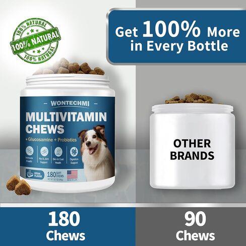 Dog Multivitamin, Glucosamine Chondroitin for Dogs, Krill Oil, Probiotics, Dog Vitamins and Supplements for Immune Health, Heart, Digestion Hip & Joints, Skin, Coat (180 Chews, Steak) in Saudi Arabia