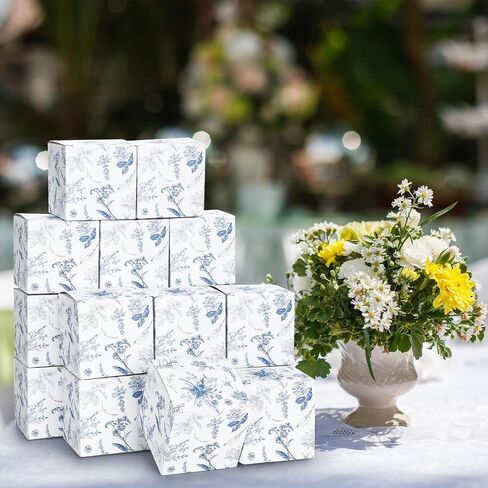 TeCunite 50 PCS 3x3x3 '' Blue Floral Paper Hights Joxes Chinoiserie Floral Print Paper Paper Box Blue White Party Bag Braches Cynaging Bagging for Wedder in Saudi Arabia