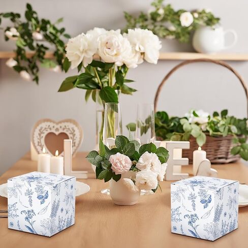 TeCunite 50 PCS 3x3x3 '' Blue Floral Paper Hights Joxes Chinoiserie Floral Print Paper Paper Box Blue White Party Bag Braches Cynaging Bagging for Wedder in Saudi Arabia