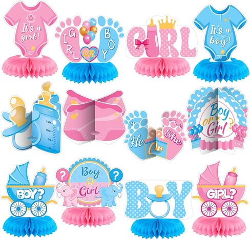 12 Pcs Gender Reveal Decoration Set, Baby Gender Reveal Honeycomb Centerpieces, Blue and Pink, He or She, Boy or Girl, Pregnancy Announcements Newborn Baby Shower Party Supplies for Unisex in Kuwait