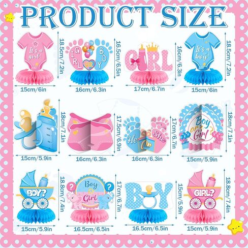 12 Pcs Gender Reveal Decoration Set, Baby Gender Reveal Honeycomb Centerpieces, Blue and Pink, He or She, Boy or Girl, Pregnancy Announcements Newborn Baby Shower Party Supplies for Unisex in Kuwait
