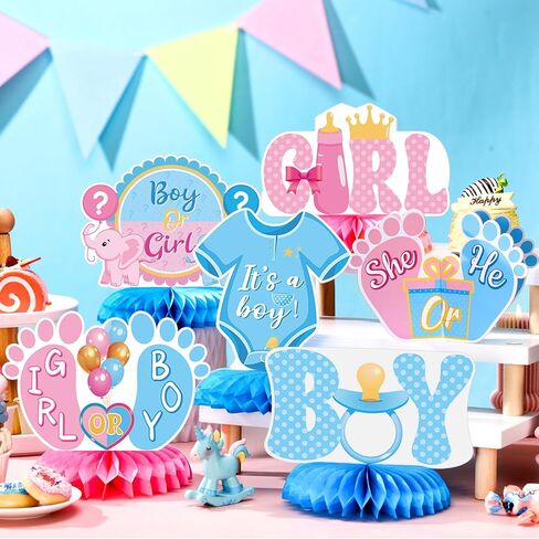 12 Pcs Gender Reveal Decoration Set, Baby Gender Reveal Honeycomb Centerpieces, Blue and Pink, He or She, Boy or Girl, Pregnancy Announcements Newborn Baby Shower Party Supplies for Unisex in Kuwait
