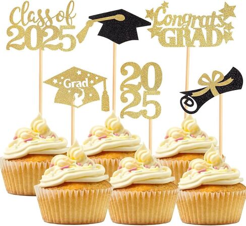 60 Pcs 2025 Graduation Cupcake Toppers,Glitter Class of 2025 Cupcake Toppers 2025 Congrats Grad Cap Diploma Cupcake Picks for Graduation Theme Party Cake Decorations,Gold in Saudi Arabia