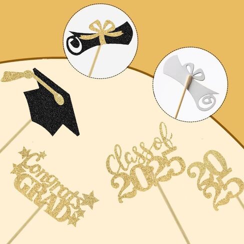 60 Pcs 2025 Graduation Cupcake Toppers,Glitter Class of 2025 Cupcake Toppers 2025 Congrats Grad Cap Diploma Cupcake Picks for Graduation Theme Party Cake Decorations,Gold in Saudi Arabia