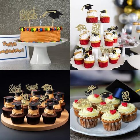 60 Pcs 2025 Graduation Cupcake Toppers,Glitter Class of 2025 Cupcake Toppers 2025 Congrats Grad Cap Diploma Cupcake Picks for Graduation Theme Party Cake Decorations,Gold in Saudi Arabia