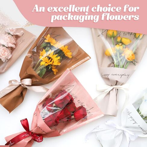 Harloon 100 Pcs Flower Wrapping Bags 11 x 5.1 x 17.3in Kraft Paper Flower Sleeves for Bouquet Clear Flower Wrapping Paper Multiple Flower Packaging Bag for Mother's Day Anniversary Wedding (Colorful) in Saudi Arabia