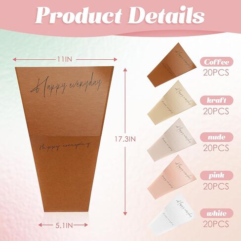 Harloon 100 Pcs Flower Wrapping Bags 11 x 5.1 x 17.3in Kraft Paper Flower Sleeves for Bouquet Clear Flower Wrapping Paper Multiple Flower Packaging Bag for Mother's Day Anniversary Wedding (Colorful) in Saudi Arabia