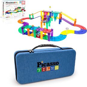Picassotiles 50pc مسار سباق السباق المغناطيسي + حزمة Carry Case: Steam Educational Playset for Kids تشمل منظم تخزين السفر - لعبة التعلم البناء ، التصميم الإبداعي ، التنمية الحسية