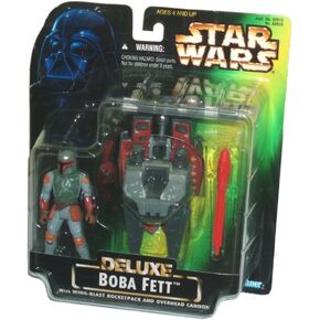 Star Wars Year 1996 Deluxe Series 4 Inch Tend Action Figure PlaySet - Boba Fett مع Rocketpack ذات الأجنحة الجناحية ، المدفع العلوي وصاروخ واحد