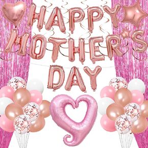 Mothers Day Decorations,49PCS Set Included 40Inches Heart Balloons, Pink Foil Fringe Curtain,HAPPY MOTHERS DAY Balloon Banner,Hanging Swirls,Mothers Day Decorations for Party