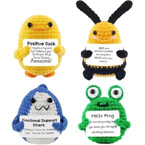 Funvalley Surperfect Positive Crochet Animals, Mini Crochet Animals Duck Shark Bee Frog Emotional Support Crochet Animals Handmade Gifts for Birthday（4Pcs）