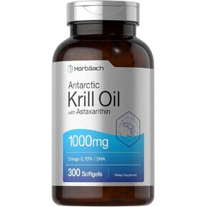 Antarctic Krill Oil 1000mg | 300 Softgel Capsules | Omega 3, EPA, DHA Supplement | with Astaxanthin | Value Size | Non-GMO, Gluten Free | by Horbaach