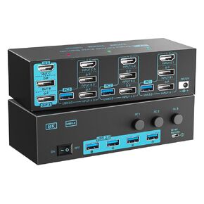8K KVM Switch 3 Monitors 2 Computers Triple Monitor 2 Displayport 1.4 and HDMI 2.1 USB 3.0 KVM Switches, DP 1.4 Supports 8K@30Hz/4K@144Hz, HDMI Supports Max 8K@60Hz /4K@120Hz with Wired Remote Control