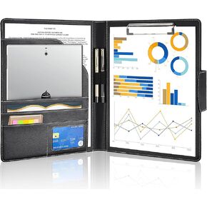 Clipboard Folder Portfolio,DIN A4 PU Leather Padfolio Clip Board,Magnetic Closure Business Clipboard with Cover Professional with 2 Pen,A4 Paper for Interview Resume Office Conference,Black