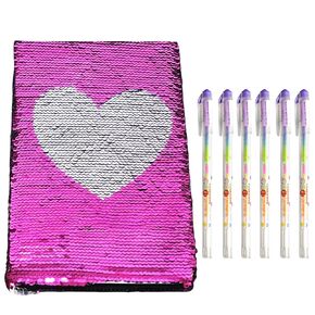 Naturahand Heart Sequin Journal Set Glitter Flip Flip Sequin Notebook مع 6 أجهزة كمبيوتر ملونة للنساء الفتيات