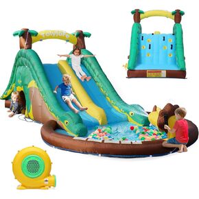 Giant Inflatable Water Slide, 7-in-1 Original Forest Dinosaur Style Backyard Splash Park with Dual Slide, 480W Blower with GFCI, Pool, Water Sprinklers, Tunnel, Climbing Wall for Summer Outdoor Fun