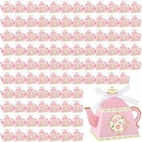 Jetec 100 Pcs Floral Teapot Box Flower Tea Party Gift Box Candy Boxes for Tea Garden Wedding Favors Bridal Showers Brunches Birthdays Decorations(Pink)