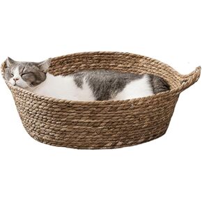 Cat Bed, Straw Woven Cat Baskets Bed, Round Wicker Cat Basket Nest, Non-Slip Cozy Kitten Bed for Cats Small Dog (with Cushion,Large)