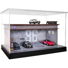 علبة العرض 1/64 مقياس Diecast للسيارات مرآب المرآب 26 إطارات LED LED Model Case Case 7 أماكن وقوف السيارات مع غطاء أكريليك كامل رمادي