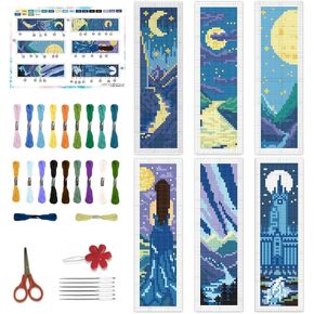 BEUNITONE 6 PCS Cross Stitch Stitch kits للمبتدئين البالغين Starry Sky Pattern DIY Stampered Stembery Longmark Kit مع تعليمات Cross Stitch Kits لمحبي الكتب القارئون هدية 2.4 "x8"