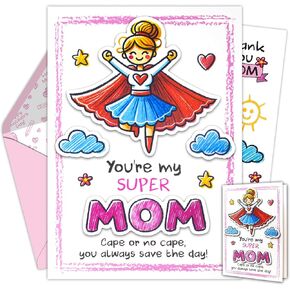 بطاقة يوم أمهات فردية 5 × 7 بوصة من الأطفال الذين يعانون من Super Mom و Clouds و Mom Clutouts ، وبطاقات عيد الأم من الأطفال مع الظرف والملصقات ، فارغة في الداخل