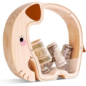 Wooden Elephant Piggy Bank for Kids مع ملصق رسائل ، صندوق أموال غير قابل للكسر للبنين ، الفتيات ، بنك نقود خشبية ، هدية عيد ميلاد شخصية ، لعبة تعليمية للأطفال
