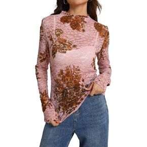 IWOLLENCE Women's Long Sleeve Mock Neck Lace Tops Sexy Floral Western See Through Blouse Sheer Mesh Shirts Party Clubwear Black Pentas, M