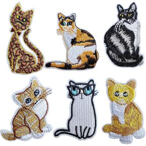حزمة 6pcs مكواة Cat مضحك على التصحيح ، وبقع الحديد المطرزة للملابس ، وحقائب الظهر ، والملحقات - تصميم القط لطيف لزينة DIY