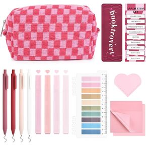 14 PCS Aesthetic Book Annotation Kit Large Checkered Pencil Case book lover bookmark Dual Highlighters Gel Pens Study Supplies Stationary Set for Student Rose Red